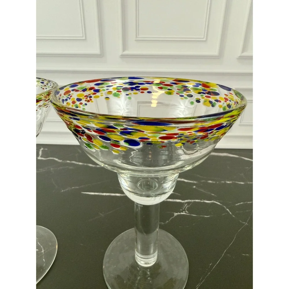VTG PAIR (2) of Hand Blown Mexican Confetti Rim Margarita Glasses 7